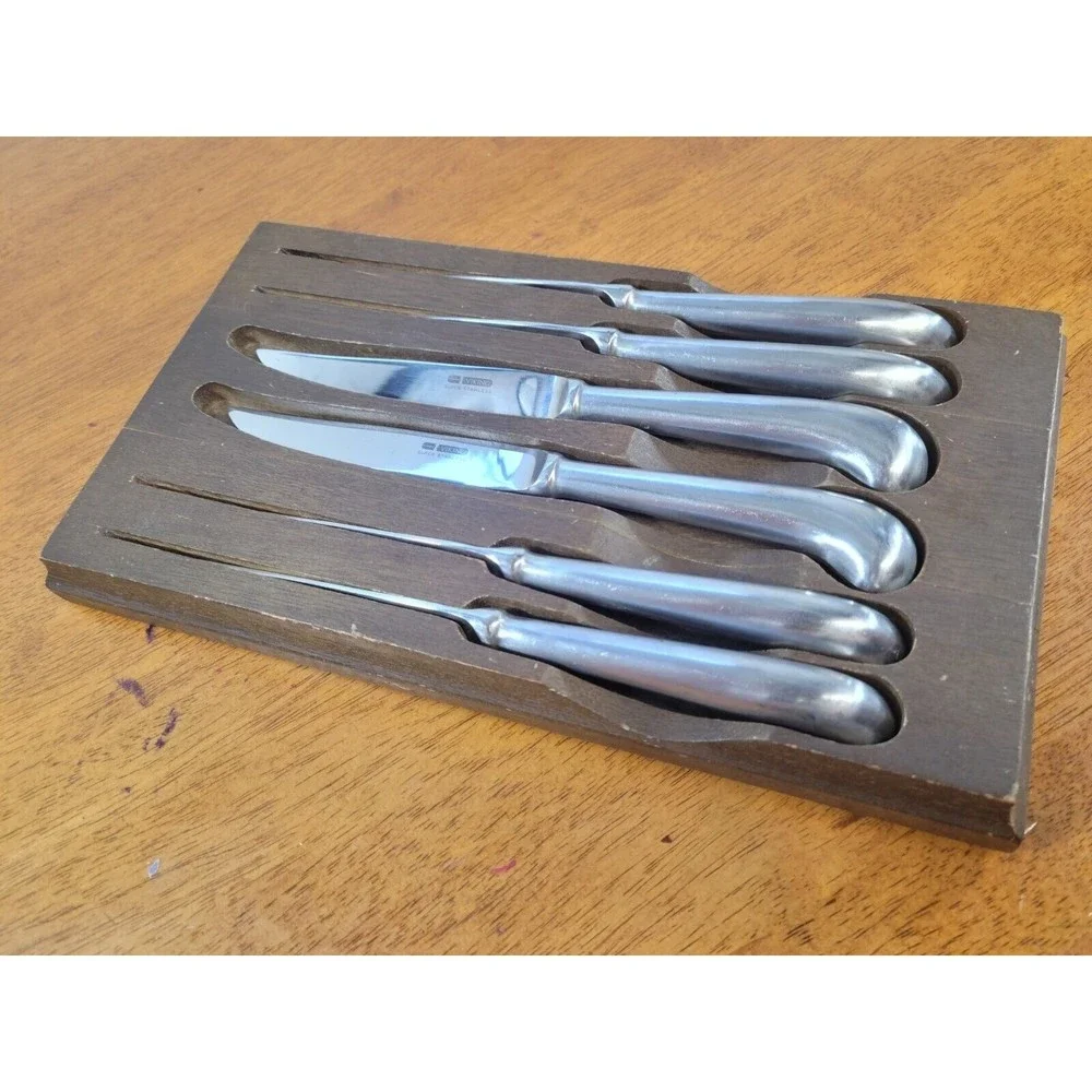 6 Viking Super‎ Stainless Steel Handcrafted Knives Curved Arched Handles w/Box